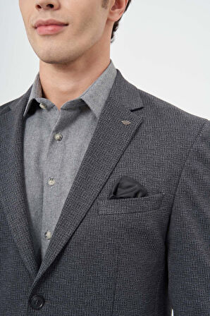 Koyu Lacivert Kendinden Desenli Örme Mono Yaka Astarsız Çift Yırtmaç 2 Düğme 6 Drop Slim Fit Casual Ceket 1002245153