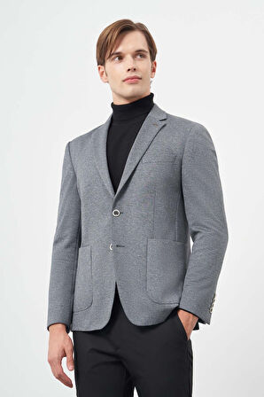 Koyu Antrasit Kendinden Desenli Örme Mono Yaka Astarsız Çift Yırtmaç 2 Düğme 6 Drop Slim Fit Casual Ceket 1002245154