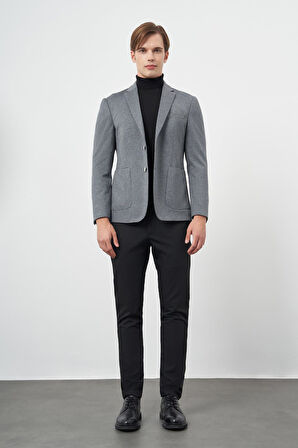 Koyu Antrasit Kendinden Desenli Örme Mono Yaka Astarsız Çift Yırtmaç 2 Düğme 6 Drop Slim Fit Casual Ceket 1002245154