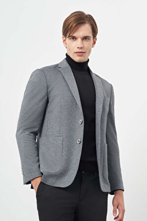 Koyu Antrasit Kendinden Desenli Örme Mono Yaka Astarsız Çift Yırtmaç 2 Düğme 6 Drop Slim Fit Casual Ceket 1002245154