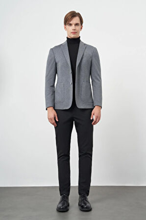 Koyu Antrasit Kendinden Desenli Örme Mono Yaka Astarsız Çift Yırtmaç 2 Düğme 6 Drop Slim Fit Casual Ceket 1002245154