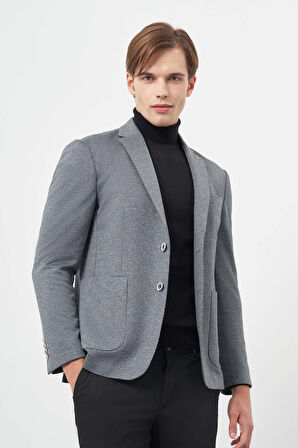 Koyu Antrasit Kendinden Desenli Örme Mono Yaka Astarsız Çift Yırtmaç 2 Düğme 6 Drop Slim Fit Casual Ceket 1002245154