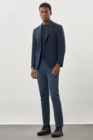 Koyu Lacivert Kendinden Desenli Örme Kılıç Yaka Astarsız Çift Yırtmaç 2 Düğme 6 Drop Slim Fit Casual Ceket 1002245155