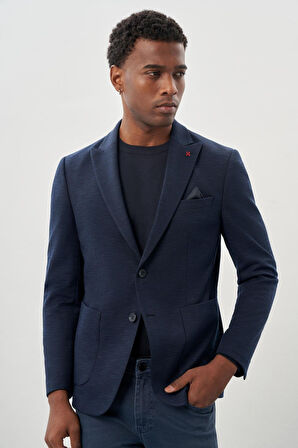 Koyu Lacivert Kendinden Desenli Örme Kılıç Yaka Astarsız Çift Yırtmaç 2 Düğme 6 Drop Slim Fit Casual Ceket 1002245155