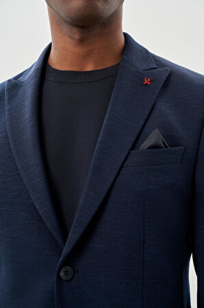 Koyu Lacivert Kendinden Desenli Örme Kılıç Yaka Astarsız Çift Yırtmaç 2 Düğme 6 Drop Slim Fit Casual Ceket 1002245155