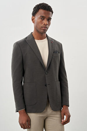 Koyu Haki Kendinden Desenli Örme Kılıç Yaka Astarsız Çift Yırtmaç 2 Düğme 6 Drop Slim Fit Casual Ceket 1002245155