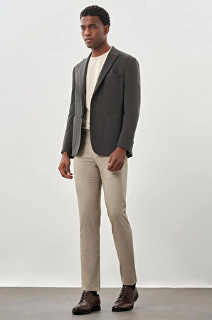 Koyu Haki Kendinden Desenli Örme Kılıç Yaka Astarsız Çift Yırtmaç 2 Düğme 6 Drop Slim Fit Casual Ceket 1002245155