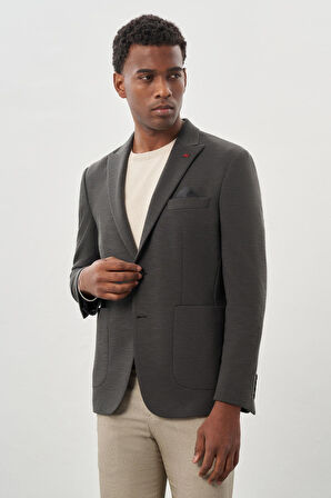 Koyu Haki Kendinden Desenli Örme Kılıç Yaka Astarsız Çift Yırtmaç 2 Düğme 6 Drop Slim Fit Casual Ceket 1002245155