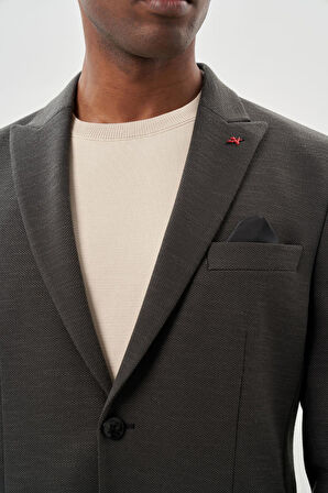 Koyu Haki Kendinden Desenli Örme Kılıç Yaka Astarsız Çift Yırtmaç 2 Düğme 6 Drop Slim Fit Casual Ceket 1002245155