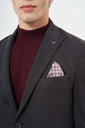 Siyah Kendinden Desenli Örme Kılıç Yaka Astarsız Çift Yırtmaç 2 Düğme 6 Drop Slim Fit Casual Ceket 1002245156