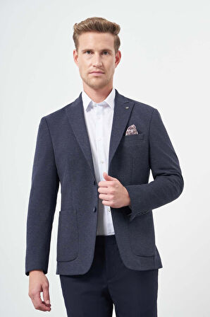 Lacivert Kendinden Desenli Örme Kılıç Yaka Astarsız Çift Yırtmaç 2 Düğme 6 Drop Slim Fit Casual Ceket 1002245156