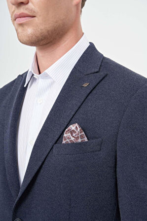 Lacivert Kendinden Desenli Örme Kılıç Yaka Astarsız Çift Yırtmaç 2 Düğme 6 Drop Slim Fit Casual Ceket 1002245156