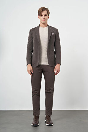 Koyu Kahverengi Kendinden Desenli Örme Kılıç Yaka Astarsız Çift Yırtmaç 2 Düğme 6 Drop Slim Fit Casual Ceket 1002245156