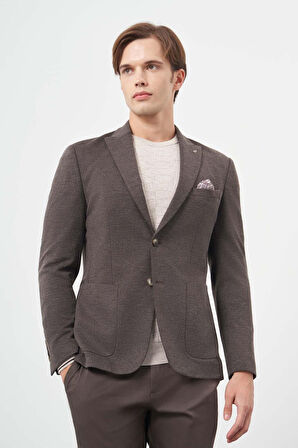 Koyu Kahverengi Kendinden Desenli Örme Kılıç Yaka Astarsız Çift Yırtmaç 2 Düğme 6 Drop Slim Fit Casual Ceket 1002245156