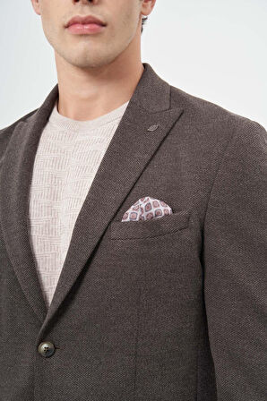 Koyu Kahverengi Kendinden Desenli Örme Kılıç Yaka Astarsız Çift Yırtmaç 2 Düğme 6 Drop Slim Fit Casual Ceket 1002245156