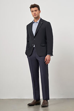Koyu Lacivert Baskılı Gabardin Mono Yaka Tam Astar Çift Yırtmaç 2 Düğme 4 Drop Comfort Fit Classic Ceket 1002245157