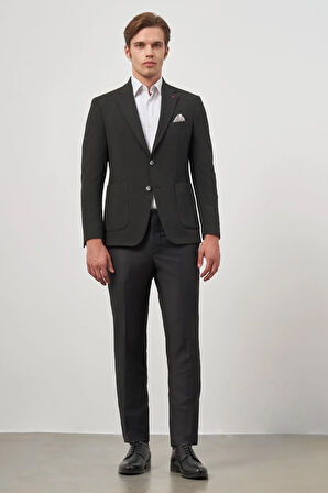 Siyah Kendinden Desenli Gofreli Mono Yaka Kelebek Astar Çift Yırtmaç 2 Düğme 6 Drop Slim Fit Classic Ceket 1002245158