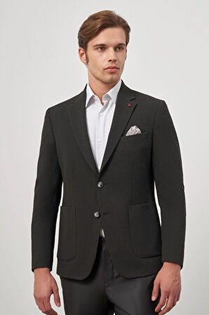 Siyah Kendinden Desenli Gofreli Mono Yaka Kelebek Astar Çift Yırtmaç 2 Düğme 6 Drop Slim Fit Classic Ceket 1002245158