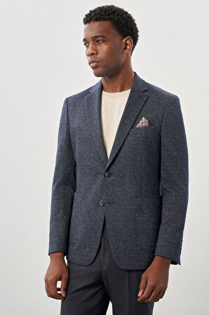 Koyu Lacivert Desenli Örme Mono Yaka Astarsız Esnek 6 Drop Slim Fit Casual Ceket 1002245159