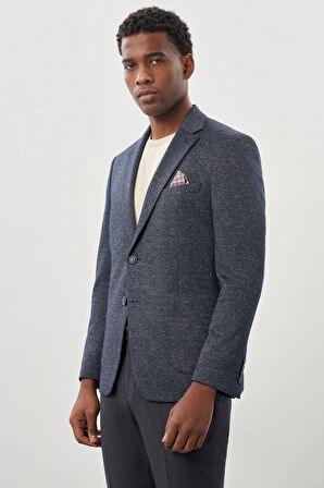 Koyu Lacivert Desenli Örme Mono Yaka Astarsız Esnek 6 Drop Slim Fit Casual Ceket 1002245159