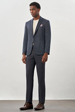 Koyu Lacivert Desenli Örme Mono Yaka Astarsız Esnek 6 Drop Slim Fit Casual Ceket 1002245159