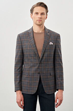 Füme Ekose Desen Bez Ayağı Mono Yaka Tam Astar Esnek 6 Drop Slim Fit Classic Ceket 1002245160