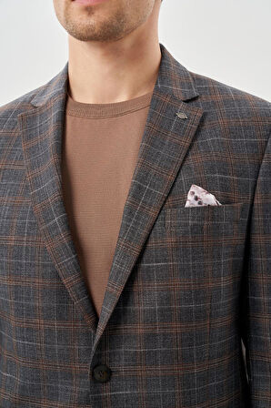 Füme Ekose Desen Bez Ayağı Mono Yaka Tam Astar Esnek 6 Drop Slim Fit Classic Ceket 1002245160