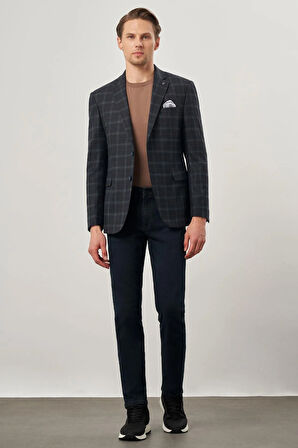 Koyu Lacivert Ekose Desen Bez Ayağı Mono Yaka Tam Astar Esnek 6 Drop Slim Fit Classic Ceket 1002245160