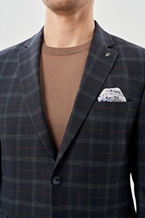 Koyu Lacivert Ekose Desen Bez Ayağı Mono Yaka Tam Astar Esnek 6 Drop Slim Fit Classic Ceket 1002245160