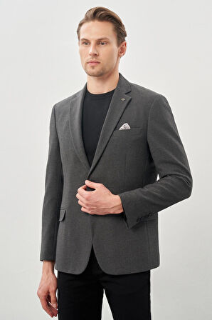 Koyu Antrasit Gabardin Mono Yaka Tam Astar Esnek 6 Drop Slim Fit Casual Ceket 1002245162