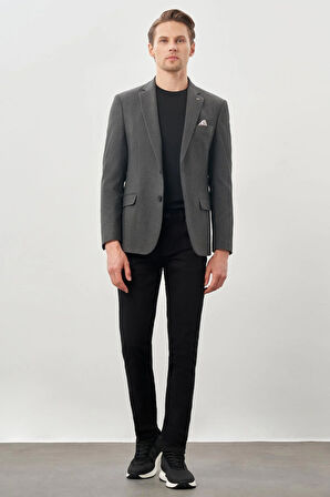 Koyu Antrasit Gabardin Mono Yaka Tam Astar Esnek 6 Drop Slim Fit Casual Ceket 1002245162