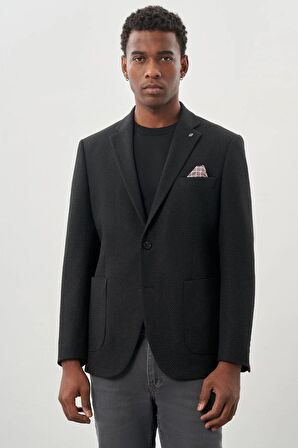 Koyu Antrasit Desenli Örme Mono Yaka Tam Astar Esnek 6 Drop Comfort Fit Casual Ceket 1002245163