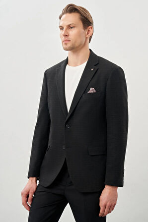 Koyu Antrasit Desenli Örme Mono Yaka Tam Astar Esnek 6 Drop Comfort Fit Casual Ceket 1002245164