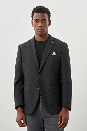 Siyah Düz Gabardin Mono Yaka 2 Düğme Esnek 6 Drop Comfort Fit Casual Ceket 1002245165_001