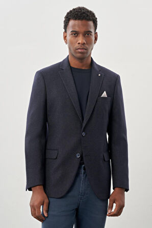 Koyu Lacivert Düz Gabardin Mono Yaka 2 Düğme Esnek 6 Drop Comfort Fit Casual Ceket 1002245165_200