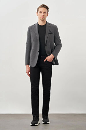 Siyah Kazayağı Desen Örme Mono Yaka 2 Düğme 6 Drop Slim Fit Classic Ceket 1002245166_001