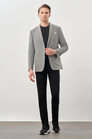 Gri Kendinden Çizgili Desen Flannel Mono Yaka 2 Düğme Esnek 6 Drop Slim Fit Casual Ceket 1002245167_100