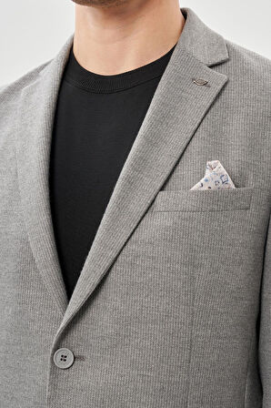 Gri Kendinden Çizgili Desen Flannel Mono Yaka 2 Düğme Esnek 6 Drop Slim Fit Casual Ceket 1002245167_100