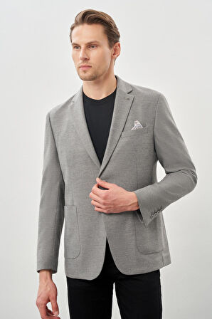 Gri Kendinden Çizgili Desen Flannel Mono Yaka 2 Düğme Esnek 6 Drop Slim Fit Casual Ceket 1002245167_100