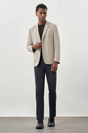 Bej Kendinden Çizgili Desen Flannel Mono Yaka 2 Düğme Esnek 6 Drop Slim Fit Casual Ceket 1002245167_591