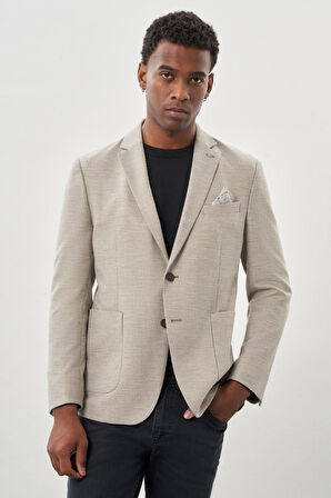 Bej Kendinden Çizgili Desen Flannel Mono Yaka 2 Düğme Esnek 6 Drop Slim Fit Casual Ceket 1002245167_591