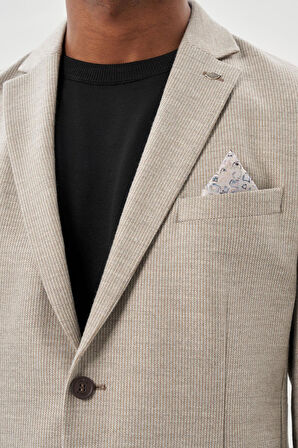 Bej Kendinden Çizgili Desen Flannel Mono Yaka 2 Düğme Esnek 6 Drop Slim Fit Casual Ceket 1002245167_591