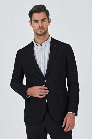 Siyah Mono Yaka Düz 2 Düğme Casual Esnek Slim Fit Ceket 1002250123