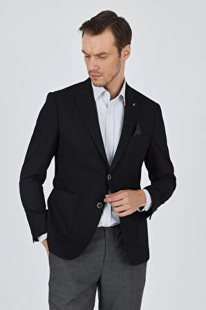 Siyah Kılıç Yaka   Esnek 6 Drop Slim Fit Classic  Ceket 1002250124
