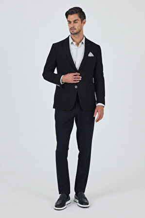 Siyah Mono Yaka Gofreli  Esnek 6 Drop Slim Fit Casual  Ceket 1002250125