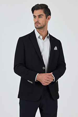 Siyah Mono Yaka Gofreli  Esnek 6 Drop Slim Fit Casual  Ceket 1002250125
