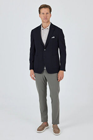 Koyu Lacivert Mono Yaka Gofreli  Esnek 6 Drop Slim Fit Casual  Ceket 1002250126