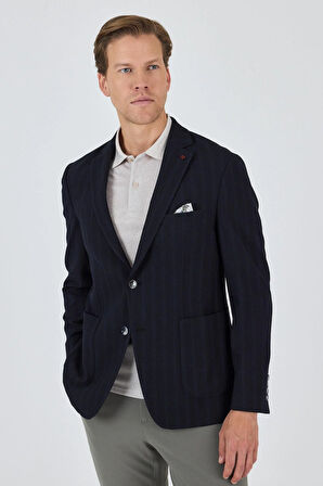 Koyu Lacivert Mono Yaka Gofreli  Esnek 6 Drop Slim Fit Casual  Ceket 1002250126