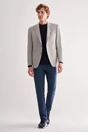 Gri Mono Yaka Desenli Örme Astarlı Çift Yırtmaç Esnek 4 Drop Comfort Fit Classic Ceket 1002255112