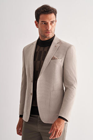 Bej Mono Yaka Desenli Örme Astarlı Çift Yırtmaç Esnek 4 Drop Comfort Fit Classic Ceket 1002255112